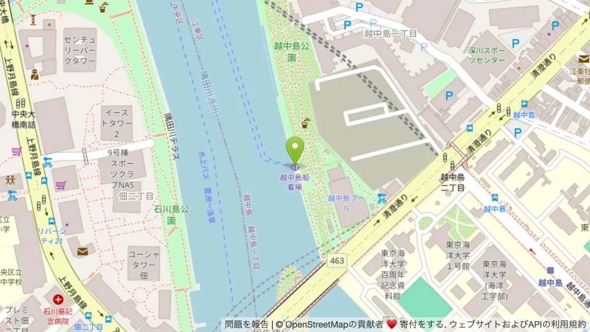 越中島船着場の地図(押すと Google マップが開きます)