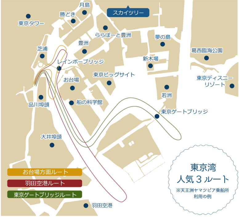 東京湾 人気3ルート　※天王洲ヤマツピア乗船所利用の例